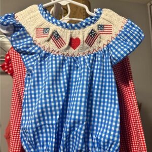 Blue Gingham Baby Dress with Flag Embroidery